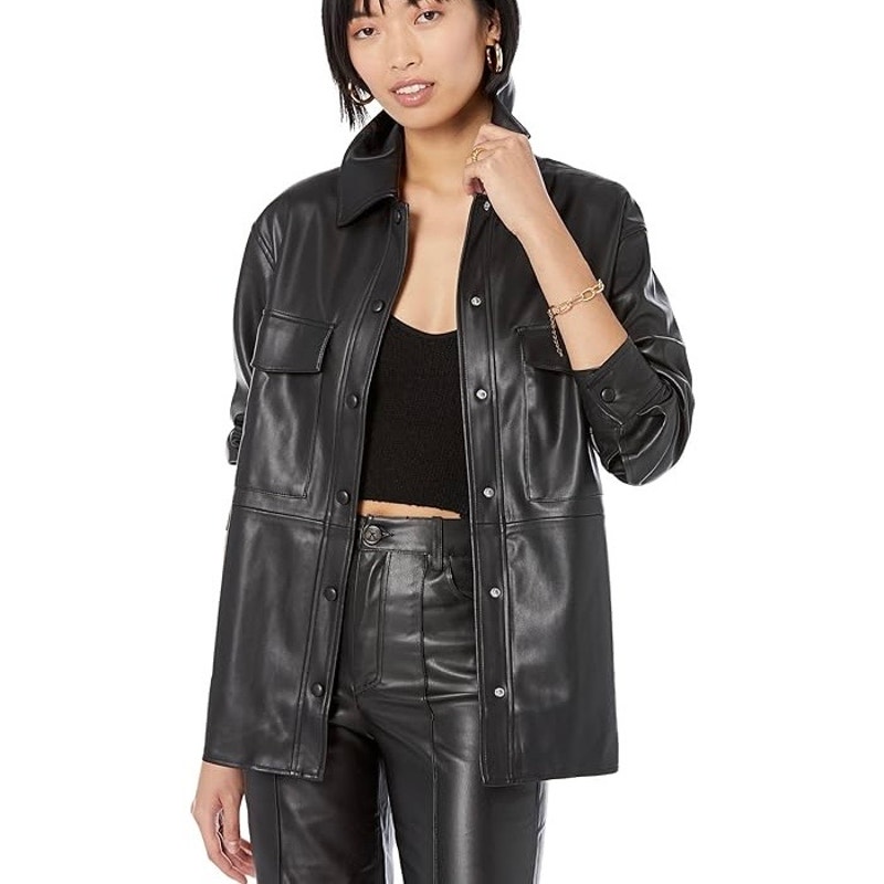 Mango Faux Leather Long Sleeve Shirt Jacket Shacket Black 8